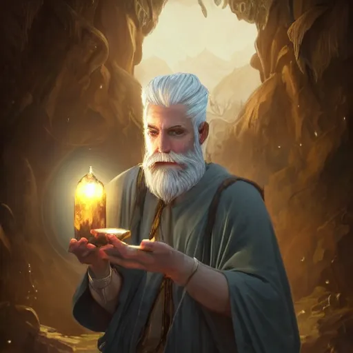 Image similar to a man with white hair and beard, wearing nomadic clothing holding a soul jar portrait, backlight, rim lighting, deep focus, d & d, fantasy, intricate, elegant, highly detailed, digital painting, artstation, concept art, matte, centered, sharp focus, illustration, hearthstone, art by artgerm, greg rutkowski and alphonse mucha