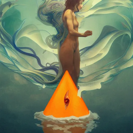 Image similar to shark mermaid, lower half traffic cone, full body, underwater background detailed atmospheric - ron cheng & alphonse mucha, highly detailed, digital painting, ray tracing, concept art, illustration, smooth sharp focus, intricate, symmetry, artstation,