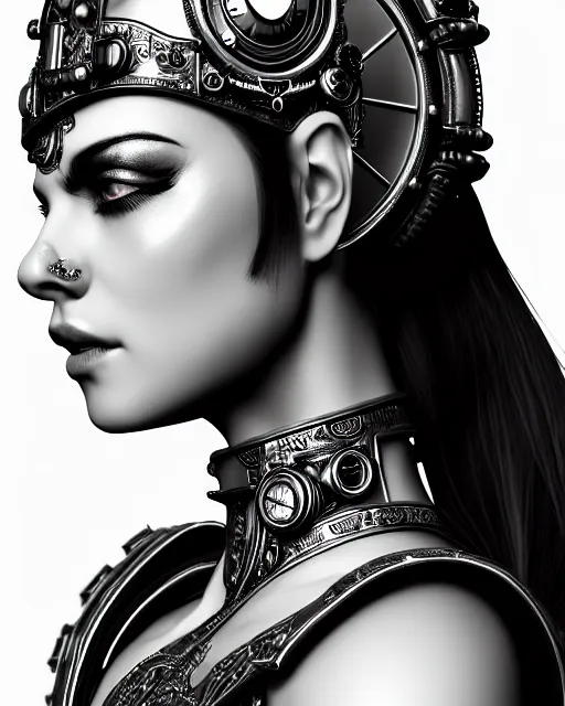 Image similar to black and white side portrait ultra detailed, beautiful female android with steampunk mechanical detailed ornate skin, crown, deity, sharp focus, highly detailed global illumination, concept art. 8 k