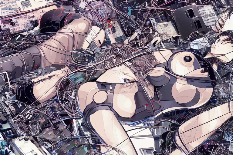 Image similar to a finely composed cyberpunk illustration of a group of female androids in style of hajime sorayama, lying on an abstract, empty, white floor with their body parts scattered around and cables and wires coming out, by katsuhiro otomo and masamune shirow, hyper-detailed, intricate, colorful, view from above, wide angle, close up, beautiful