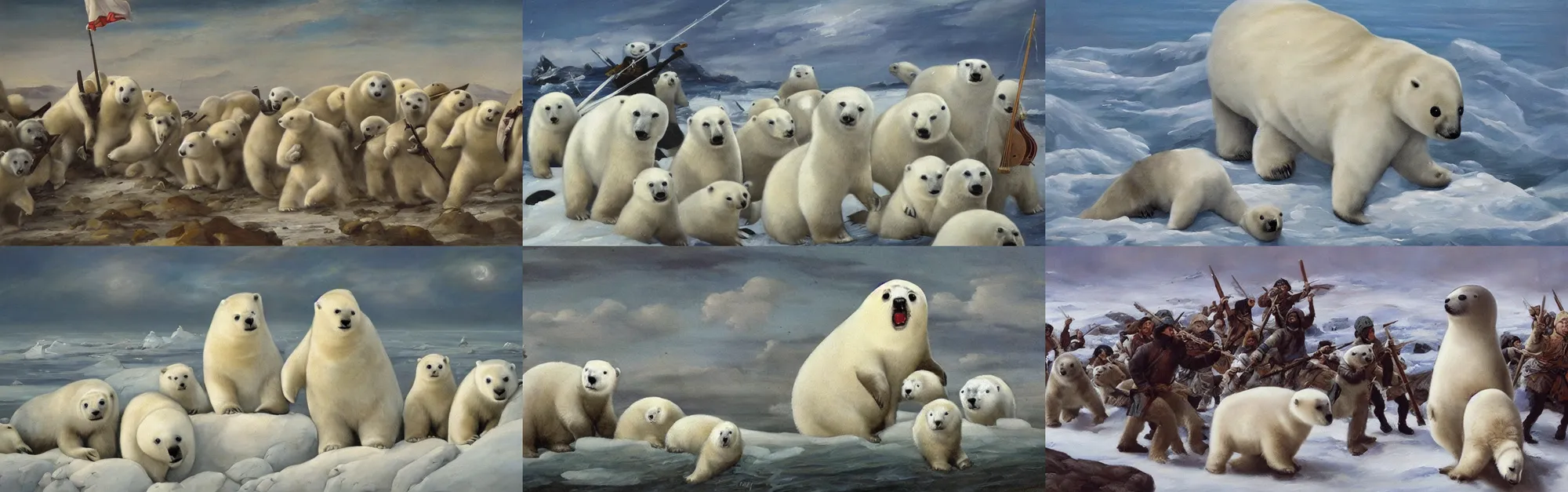 Prompt: “a classic oil painting of a baby harp seal leading a Calvary of polar bear warriors into battle”