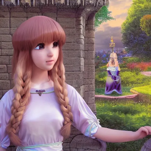 Image similar to a very detailed, ultra-realistic, pleasant, beautiful, funny, smooth 3D CG render, semirealistic anime style, close-up of a gorgeous, cute, gentle, noble priestess magician princess girl wearing dress and jewelry, in a glorious magic kingdom with castle and walls, relaxing calm vibes, fairytale, octane render