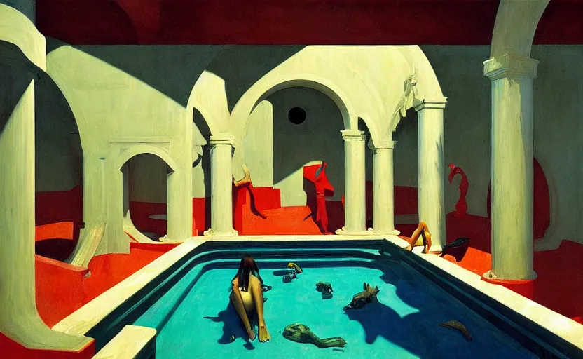 Prompt: Inside a greek dungeon with a big pool, very coherent, painted by Edward Hopper, Wayne Barlowe, painted by James Gilleard, airbrush, art by JamesJean