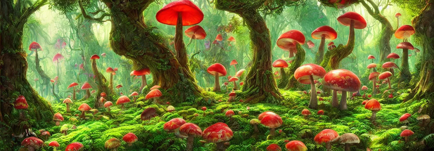 Prompt: lush green alice in wonderland style forest, colorful mushrooms, vibrant colors, intricate mural, highly detailed, digital painting, trending on artstation, sharp focus, illustration, art by artgerm and greg rutkowski and magali villeneuve