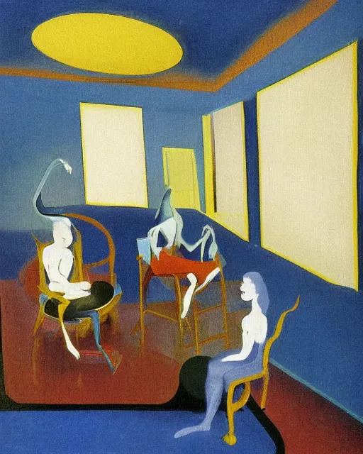 Prompt: blue people talking and a lonely dark figure seated on a throne with clouds at dark and yellow art deco interior room in the style of Francis Bacon, open ceiling, highly detailed, painted by Francis Bacon and Edward Hopper, painted by James Gilleard, surrealism, airbrush, art by James Jean