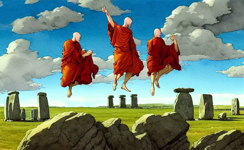 Image similar to a hyperrealist watercolour concept art of a group of colorless medieval monks levitating a huge flat rock in the air over their head. a large stonehenge moneument is in the sky. by rebecca guay, michael kaluta, charles vess and jean moebius giraud. high detail, hq, wide shot