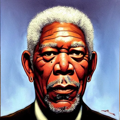 Prompt: Morgan Freeman as Agent 47 (2034 cult classic film), gerald brom illustration