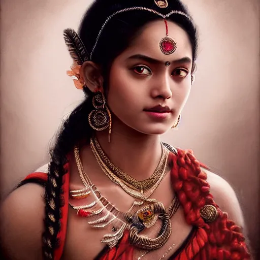 Image similar to beautiful young sita wearing bihu mekhela costume ; portrait by artgerm and tom bagshaw ; trending on artstation ; award winning, cinematic natural dramatic lighting, studio photography by annie leibovitz