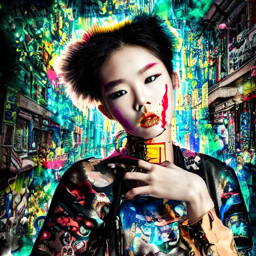 Image similar to photo realistic, high level of detail, high resolution, 3 5 mm lens : ( subject = korean top model + ( object = graffiti + object detail = high definition highly detailed baroque cyberpunk shamaness, varnished oil paint in bright colors on black background with small background color splatters, by katsuhiro otomo ) )