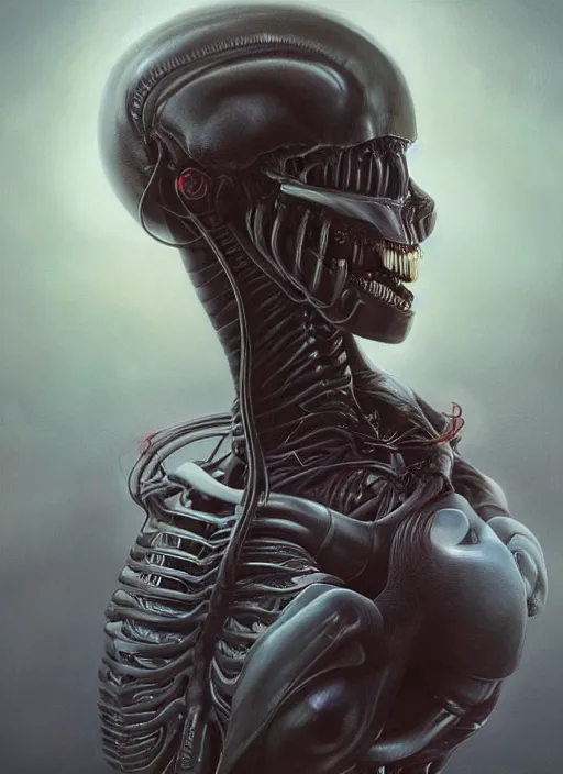 Prompt: a hyper detailed upper body portrait of ellen ripley : : 1 0 beginning a transformation into a xenomorph : : 5, by tom bagshaw, by zdzisław beksinski, trending on artstation