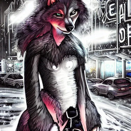 Prompt: beautiful furry art portrait commission of a female furry anthro wolf fursona wearing punk clothes in the streets of a cyberpunk city at night in the snow. neon signs. character design by rick griffin, miles df, charlie bowater, ross tran, detailed, inked, western comic book art