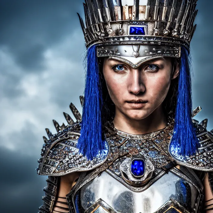 Prompt: photo of a warrior queen wearing sapphire encrusted armour, highly detailed, 4 k, hdr, smooth, sharp focus, high resolution, award - winning photo