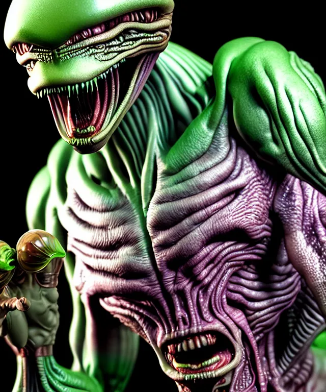 Image similar to hyperrealistic rendering, alien, by art of skinner and richard corben and jeff easley, product photography, action figure, sofubi, studio lighting, colored gels