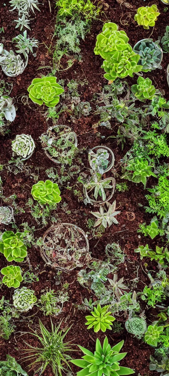 Image similar to award winning photo of technology rusty and filled with plants, stunning, 4 k, detailed, top - down, realistic