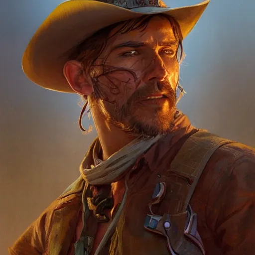 Image similar to a male rugged cowboy, bleeding, D&D, fantasy, intricate, elegant, highly detailed, digital painting, artstation, concept art, smooth, sharp focus, illustration, art by artgerm and greg rutkowski and alphonse mucha