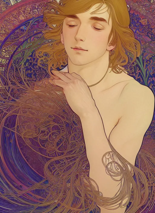 Image similar to pretty young man with shoulder length shiny shimmering golden blond hair, half body shot, emotional, decorative flower patterned background, path traced, highly detailed, high quality, digital painting, by studio ghibli and alphonse mucha, leesha hannigan, hidari, disney, jules bastien - lepage, art nouveau