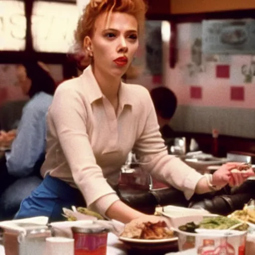 Prompt: a still of Scarlett Johansson at the diner in Twin Peaks (1990)