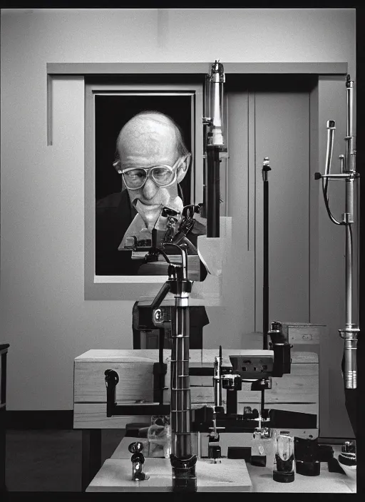 Prompt: photo portrait of wooden science laboratory by terry o'neill in 1 9 9 0, 3 5 mm grainy film, metropolitan museum collection, reportage photography, scientific, noise,