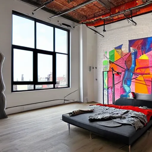 Image similar to trendy downtown loft with modern murals on the wall, modern art and patterns, interior design, beautiful architecture