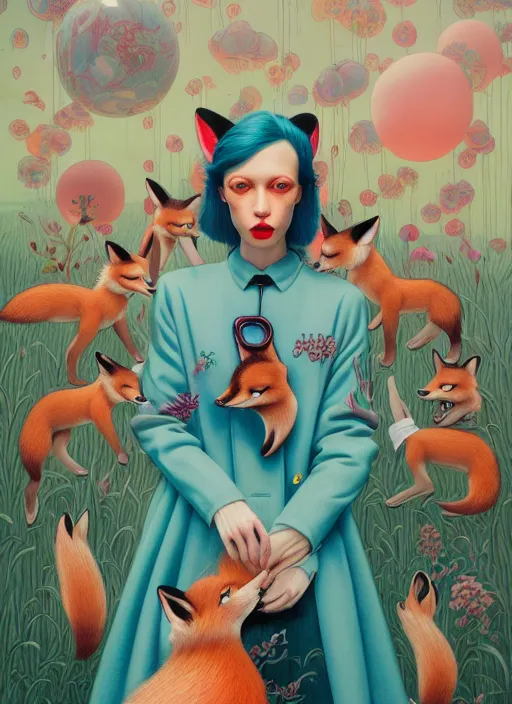 Image similar to pretty model with foxes : : by martine johanna and simon stalenhag and chie yoshii and casey weldon and wlop : : ornate, dynamic, particulate, rich colors, intricate, elegant, highly detailed, vogue, harper's bazaar art, fashion magazine, smooth, sharp focus, 8 k, octane render,