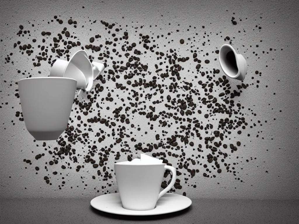 Image similar to 3D art, a coffee cup shattering against a wall