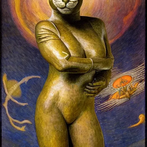 Image similar to sculpture of a cat in a spacesuit, by annie swynnerton and diego rivera and nicholas roerich and jean delville, symbolist, dramatic lighting, god rays, art brut, rich colors, smooth, sharp focus, extremely detailed, adolf wolfli, by janet fish and ( donato giancola and bilibin )