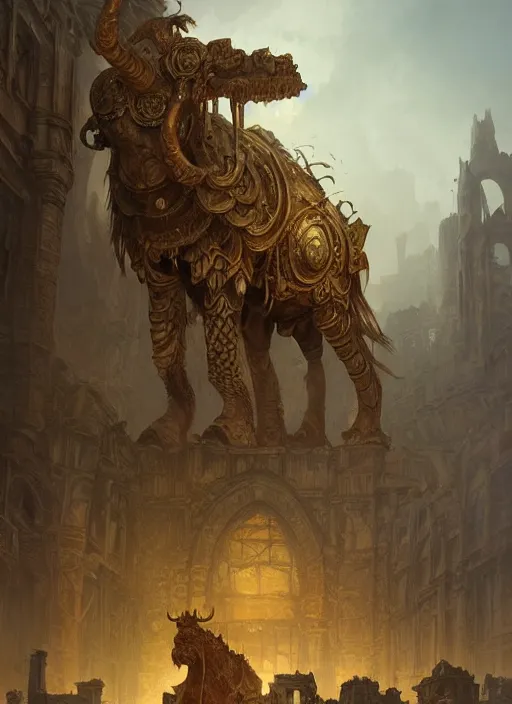 Prompt: golden mammoth in a ruined city, d & d, fantasy, intricate, elegant, highly detailed, digital painting, artstation, concept art, matte, sharp focus, illustration, hearthstone, art by artgerm and greg rutkowski and alphonse mucha