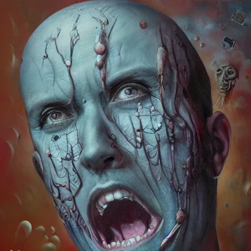 Prompt: the youtuber nostalgia critic portrait, doug walker, body horror, biopunk, creative design, oil on canvas, zdzisław beksinski, marco mazzoni, peter gric