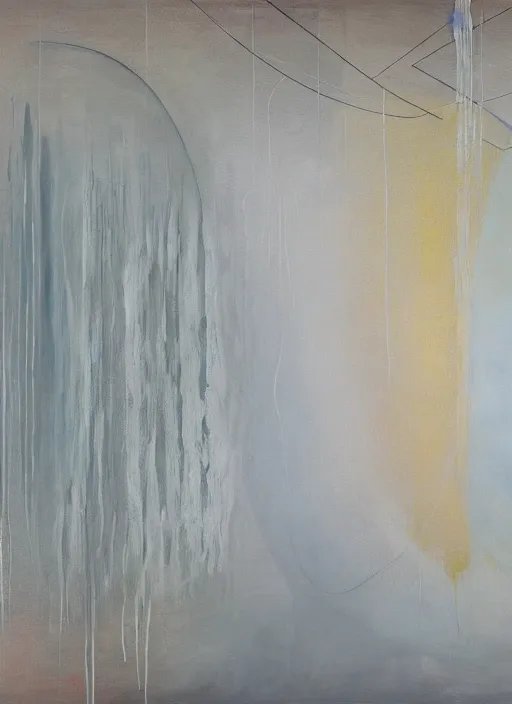 Image similar to beautiful abstract composition in middle rest is clean white canvas by eddie martinez and pat steir and hilma af klint, dripping paint, washy brush, oil on canvas, matte painting, rendered in octane, altermodern, masterpiece