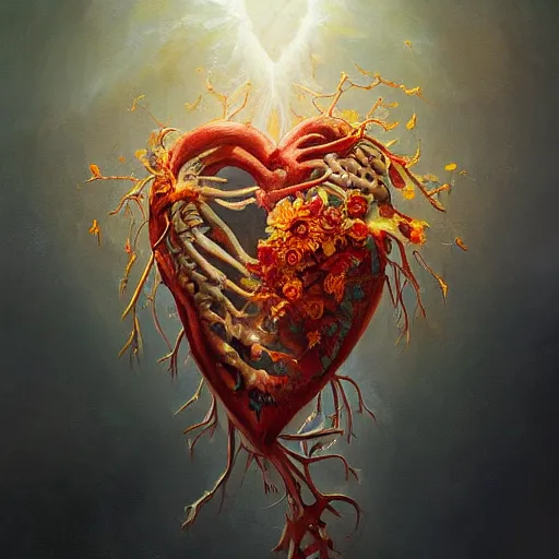 Prompt: a beautiful painting by Grzegorz greg rutkowski of an anatomically correct heart bursting out of an anatomically correct skeletal rib-cage and exploding into rainbows and sunflowers, trending on artstation hq