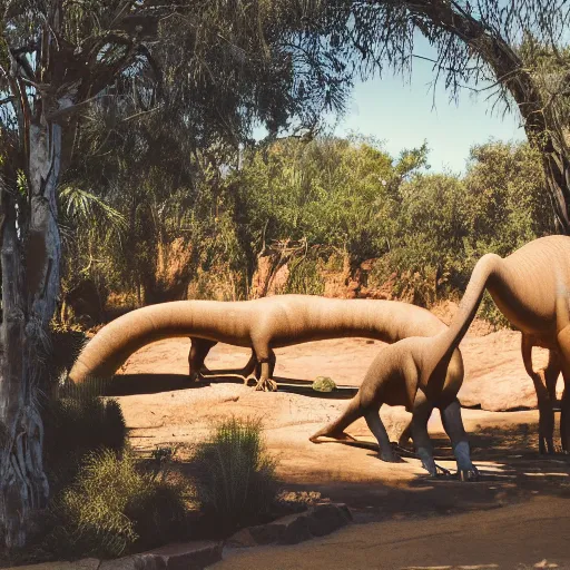 Image similar to photograph of a polaroid of a real brontosaurus exhibit at san diego zoo, tourists in background, bokeh, high definition, slr, golden hour, realistic skin