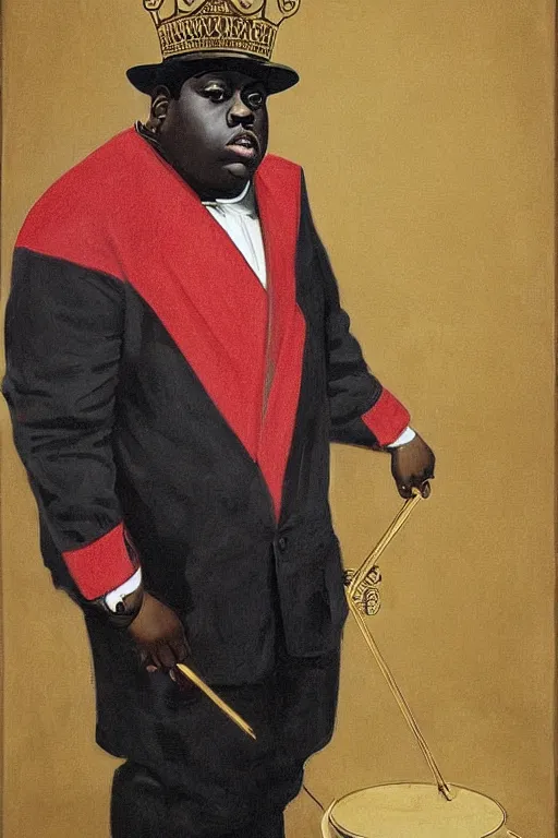 Image similar to ultra unrealistic portrait of rapper biggie smalls standing with cane and with kings crown and royal outfit, european, modern art, eclectic art, gold and colorful, illustration, by ramon casas