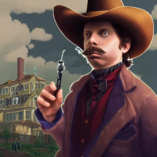 Prompt: a detailed portrait of michael cera as an old west villain, long twirling moustache, by dan mumford, yusuke murata, makoto shinkai, ross tran, cosmic, heavenly, god rays, intricate detail, cinematic, 8 k, cel shaded, unreal engine, featured on artstation, pixiv