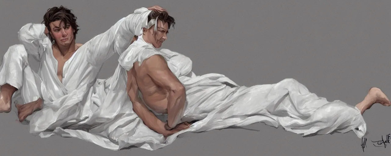 Prompt: character design, reference sheet, ancient white dress, relaxing, cute, young male, happy, beautiful, elegant, no shoes, open v chest clothes, long silver hair, concept art, photorealistic, hyperdetailed, 3d rendering! , art by Leyendecker! and constable,