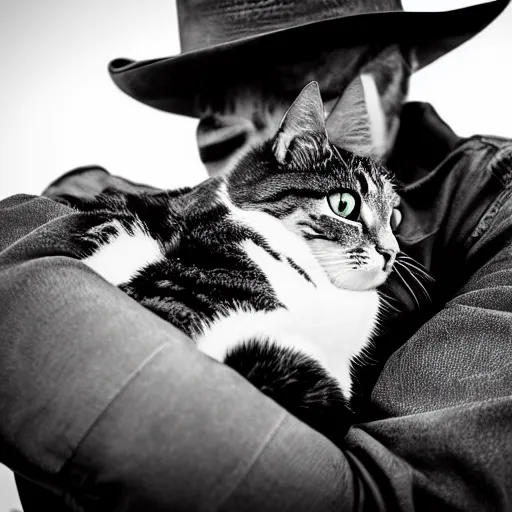 Image similar to close - up photograph of a cowboy holding a cat, black and white, detailed, 8 k, grain, dramatic backlighting