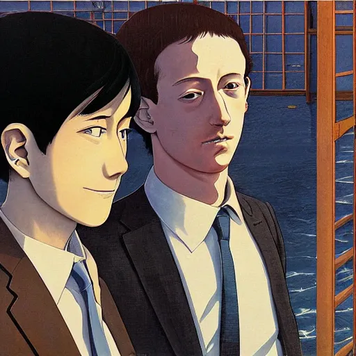 Image similar to anime joseph goebbels and mark zuckerberg by hasui kawase by richard schmid