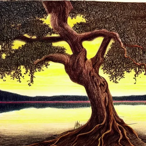 Image similar to beautiful drawing of an oak tree growing in the middle of a lake at dusk