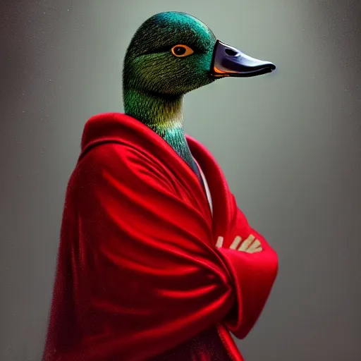 Prompt: portrait of cute mallard duck, wearing cultist red robe, inside a castle, black feathers, glowing arcane eyes, expressive oil painting, digital art, octane render
