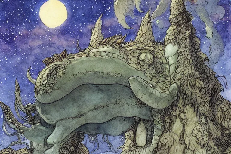 Image similar to hyperrealist studio ghibli watercolor fantasy concept art of a kaiju using stonehenge as a chair. it is a misty starry night. by rebecca guay, michael kaluta, charles vess