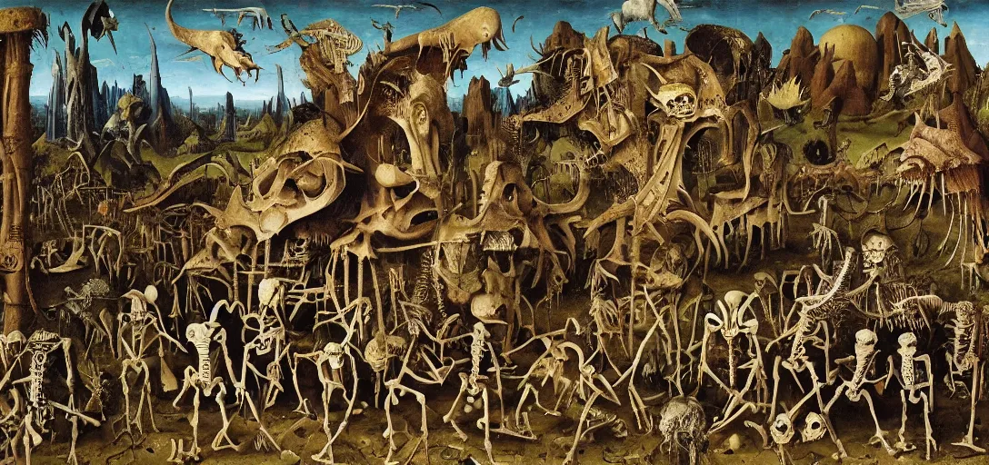 Prompt: Skeletons walking through the garden of earthly delights with plants and dinosaurs in the background, broken columns and bones scattered on the ground, hyper-surrealism, highly detailed and intricate matte painting by Max Ernst, Hieronymus Bosch and Giuseppe Arcimboldo