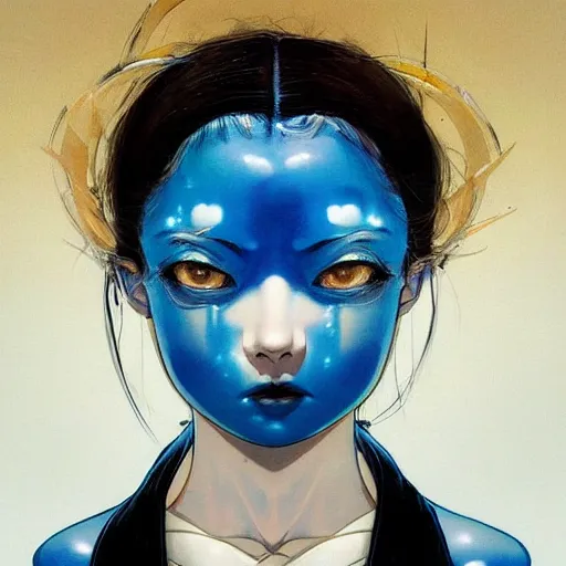 Image similar to prompt : ivory and blue and black portrait soft light painted by james jean and katsuhiro otomo and erik jones, inspired by evangeleon anime, smooth face feature, intricate oil painting, high detail illustration, sharp high detail, manga and anime 1 9 9 9