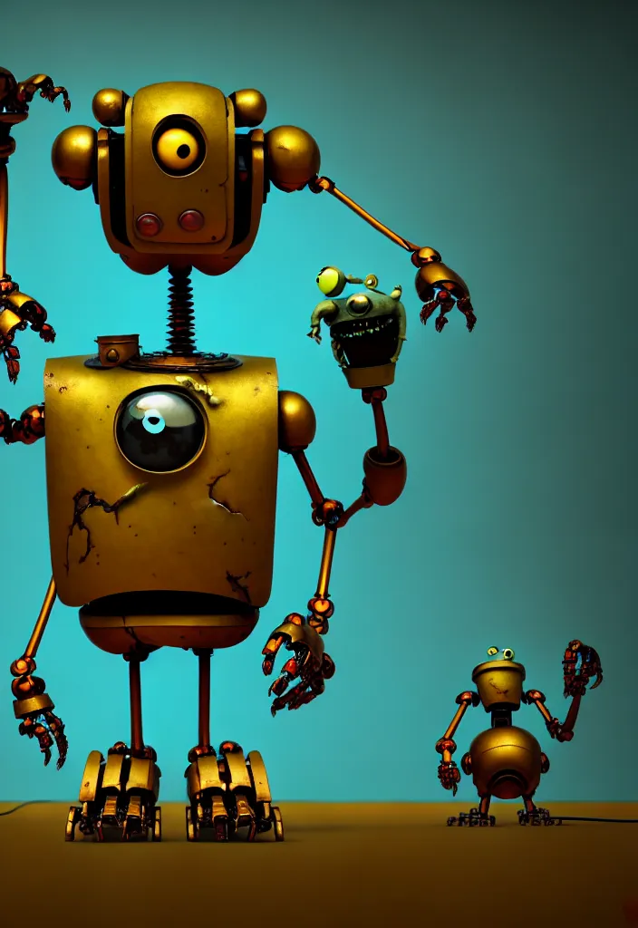 Prompt: , grotesque despair cute monster smooth paneling, golden robotic chest, with damaged rusty arms, broken antenna, recycled, floating, dystopia, oil, mechanical, toy, ambient light, in the style of pixar animation, pokedstudios, blender, octane render, 8 k, gediminas pranckevicius