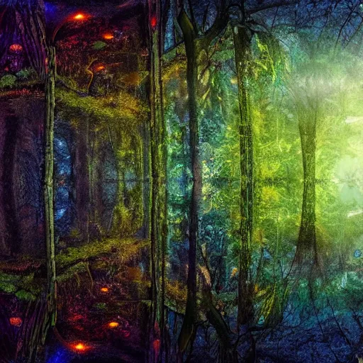 Image similar to sunrise nordic forest, sparkling spirits, detailed wide shot, crayon, ground detailed, wet eyes reflecting into eyes reflecting into infinity, beautiful lighting