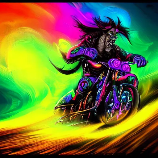 Image similar to psychedelic colorful blacklight airbrush artwork, motorcycle, stylized action shot of an orc biker riding a motorcycle, menacing orc, drifting, skidding, wheelie, clear focused details, soft airbrushed artwork, black background, cgsociety, artstation