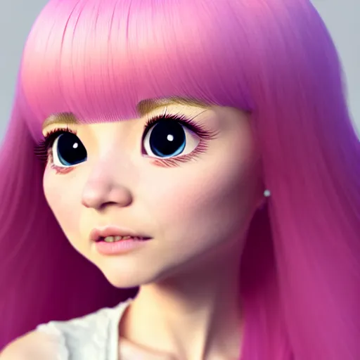 Image similar to A portrait of Nikki from Shining Nikki and Love Nikki, a cute 3d cgi toon young woman with long light pink hair, full bangs, hazel eyes, full round face, light makeup, pale skin, Chinese heritage, medium shot, mid-shot, hyperdetailed, 8k, trending on artstation, as a Pixar character