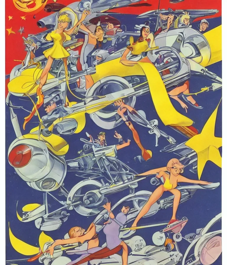 Prompt: Hannah Barbera cartoons of Five Star Stories as Whacky Wheels, promotional poster.