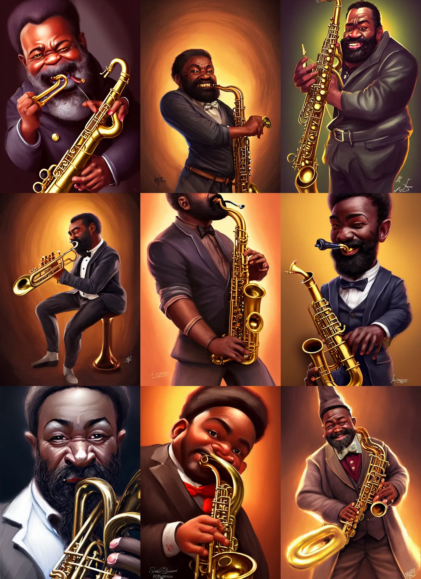 Prompt: picture of a jazz playing dwarf in a pub, male, black skin, saxophone, face details, shapely, extremely detailed, smooth, sharp focus, digital illustration, by artgerm, rossdraws, sakimichan
