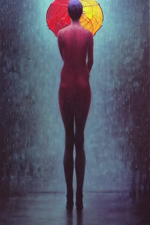 Prompt: souless ai art, 8 0 s style clothes, rain like a dream, oil painting, cinematic, symmetrical, surreal, dramatic, dreamlike, bold, cyberpunk, zdzisław beksinski + james jean + loish + artgerm + rutkowski + moebius + francis bacon + gustav klimt,