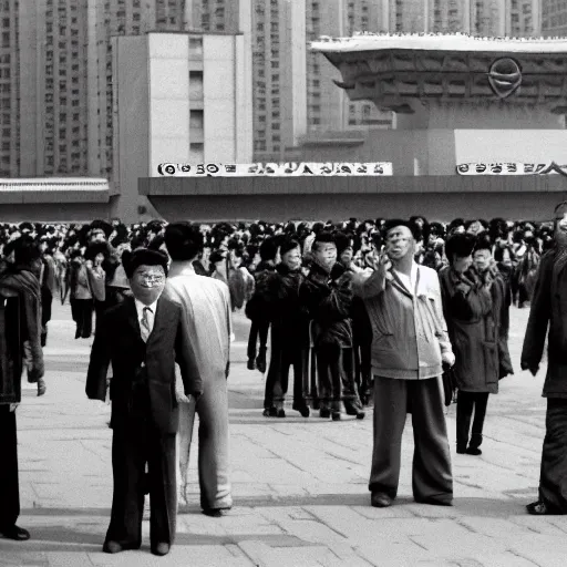 Prompt: cinematic shot of cybernetic kim il - sung standing in a street in pyongyang as a crowd of people cheer in the background, 8 k,