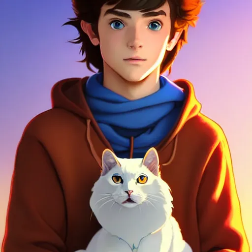 Prompt: teen boy with brown hair and big blue eyes, wearing a hoodie, holding a fluffy white persian cat, natural lighting, path traced, highly detailed, high quality, digital painting, by don bluth and ross tran and studio ghibli and alphonse mucha, artgerm, breath of the wild